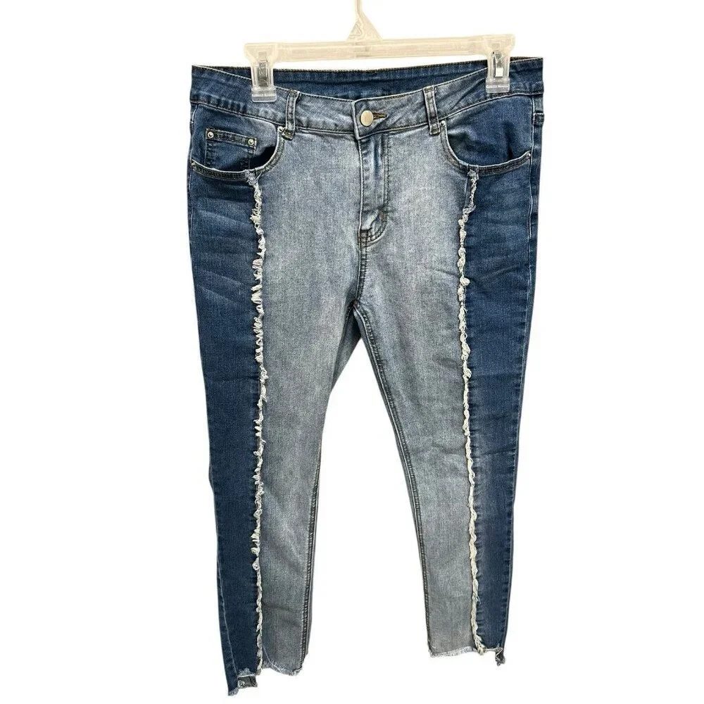 Hayden Women's Large (12/14) Two-Tone Jeans Skinny Fit Frayed Hem Color-Block